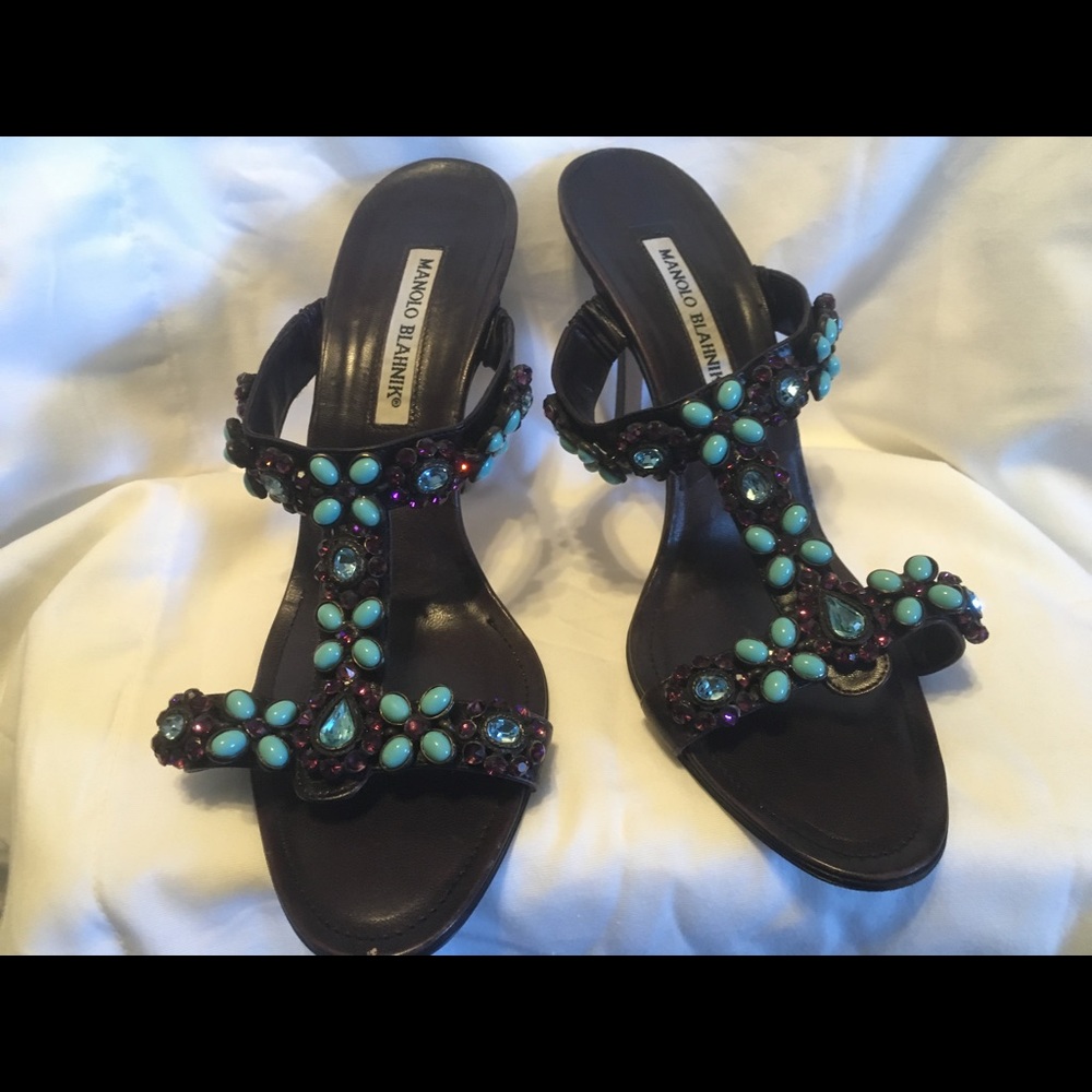 Manolo Blahnik Vintage Swarovski Jeweled 4" Heeled Sandals - Size 10